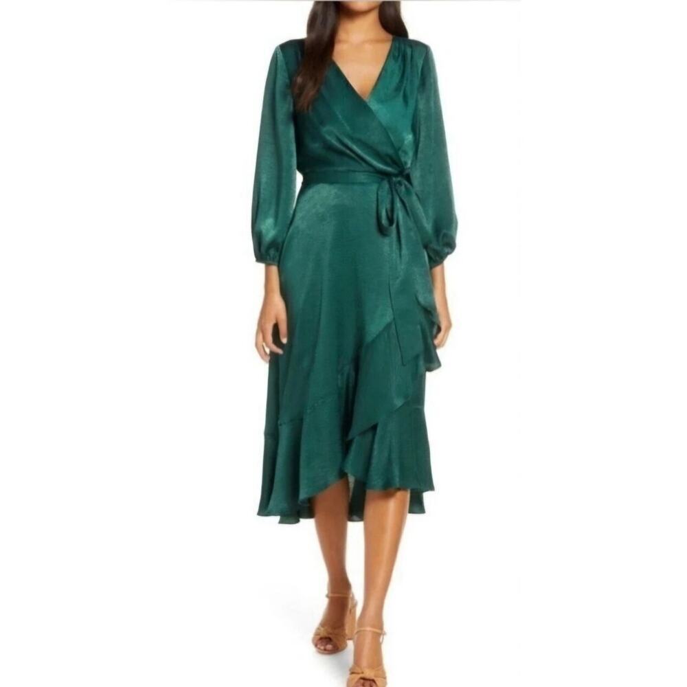 Gal Meets Glam Collection Jennifer Shimmer Satin Wrap Midi Dress Size US 10